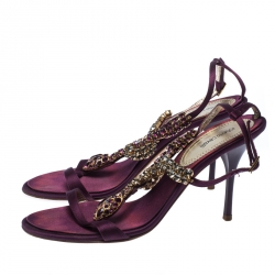 Pre Owned Roberto Cavalli Purple Satin Crystals Embellished T Strap Sandals Size 39