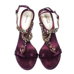 Pre Owned Roberto Cavalli Purple Satin Crystals Embellished T Strap Sandals Size 39