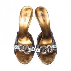 Pre Owned صندل روبرتو كافالي سليب أون وصلة سلسلة كانفاس بيج/ أزرق مقاس 38