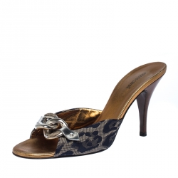 Pre Owned صندل روبرتو كافالي سليب أون وصلة سلسلة كانفاس بيج/ أزرق مقاس 38