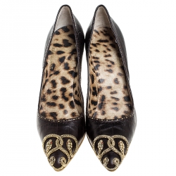 مملوكة مسبقًا حذاء كعب عالي روبرتو كافالي مقدمة مدببة مزخرف ثعبان وجلد منقوش بني مقاس 38