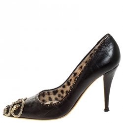 مملوكة مس�بقًا حذاء كعب عالي روبرتو كافالي مقدمة مدببة مزخرف ثعبان وجلد منقوش بني مقاس 38