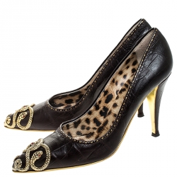 مملوكة مسبقًا حذاء كعب عالي روبرتو كافالي مقدمة مدببة مزخرف ثعبان وجلد منقوش بني مقاس 38