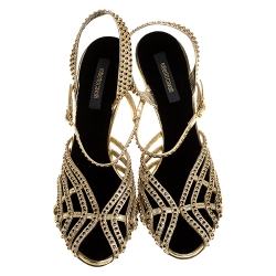 Pre Owned صندل روبرتو كافالي بسيور مرصعة جلد ذهبي ميتاليك مقاس 41