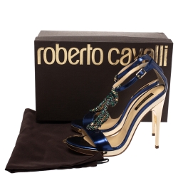 Pre Owned Roberto Cavalli Metallic Blue/Gold Leather Snake Embellished Ankle Strap Sandals Size 37