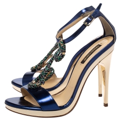 Pre Owned Roberto Cavalli Metallic Blue/Gold Leather Snake Embellished Ankle Strap Sandals Size 37