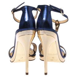 Pre Owned Roberto Cavalli Metallic Blue/Gold Leather Snake Embellished Ankle Strap Sandals Size 37