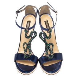 Pre Owned Roberto Cavalli Metallic Blue/Gold Leather Snake Embellished Ankle Strap Sandals Size 37