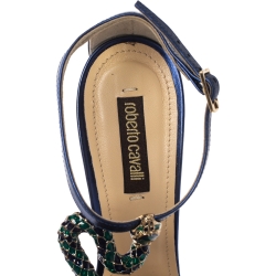 Pre Owned Roberto Cavalli Metallic Blue/Gold Leather Snake Embellished Ankle Strap Sandals Size 37