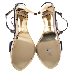 Pre Owned Roberto Cavalli Metallic Blue/Gold Leather Snake Embellished Ankle Strap Sandals Size 37