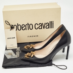 Pre Owned Roberto Cavalli Black Leather Embellished Pointed Toe Pumps Size 37
