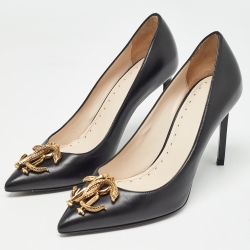 Pre Owned Roberto Cavalli Black Leather Embellished Pointed Toe Pumps Size 37