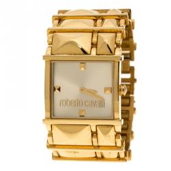 مملوكة مسبقًا Roberto Cavalli Gold Tone Stainless Steel Rectangle Women's Wristwatch 27 mm