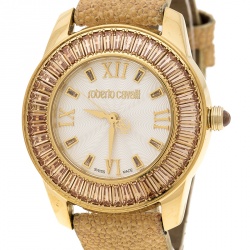مملوكة مسبقًا ساعة يد نسائية روبرتو كافالي فاجيت ستانلس ستيل مطلي ذهب كريستال فضية 37مم
