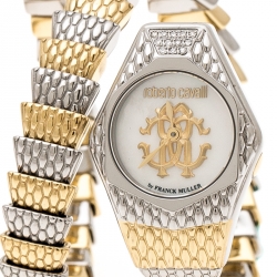 Pre Owned Roberto Cavalli Mother of Pearl Two-Tone Stainless Steel Diamond Snake Women's Wristwatch  23 mm