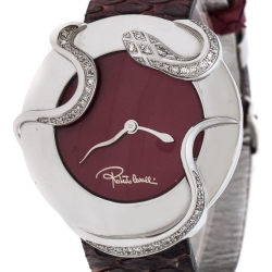 Pre Owned Roberto Cavalli Maroon Stainless Steel Diamonds Snake 7251165523 Women's Wristwatch 38 mm