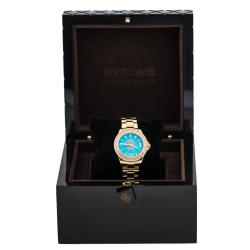 Pre Owned Roberto Cavalli by Franck Muller Aqua Blue Yellow Gold tone Stainless Steel 1L002 Women's Wristwatch 37 mm