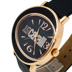 Pre Owned Just Cavalli Black Gold Tone Stainless Steel & Leather R7251186525 Women's Wristwatch 42 mm