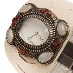 Pre Owned Roberto Cavalli Mother of Pearl Stainless Steel Oval Cuff Women's Wristwatch 53MM