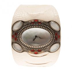 Pre Owned Roberto Cavalli Mother of Pearl Stainless Steel Oval Cuff Women's Wristwatch 53MM