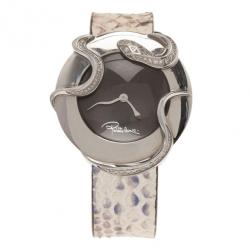 Pre Owned Roberto Cavalli Brown Stainless Steel Snake Diamonds Women's Wristwatch 33MM