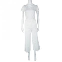 Pre Owned Rochas White Cotton Jacquard Cropped Wide Leg Trousers L