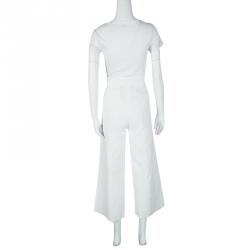 Pre Owned Rochas White Cotton Jacquard Cropped Wide Leg Trousers L