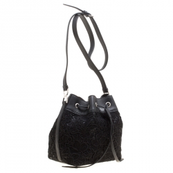 Rochas Black Lace and Leather Mini Duffle Drawstring Bucket Bag