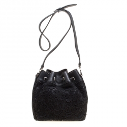 Rochas Black Lace and Leather Mini Duffle Drawstring Bucket Bag