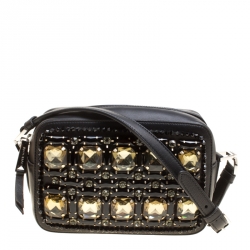 Rochas Black Leather Crystal Embellished Crossbody Bag