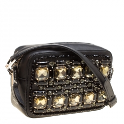 Rochas Black Leather Crystal Embellished Crossbody Bag