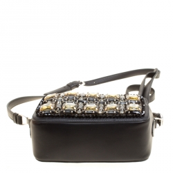 Rochas Black Leather Crystal Embellished Crossbody Bag