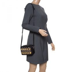 Pre Owned Rochas Black Leather Crystal Embellished Crossbody Bag