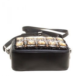 Pre Owned Rochas Black Leather Crystal Embellished Crossbody Bag