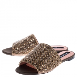 Rochas Beige Suede Crystal Embellished Open Toe Flat Slides Size 38