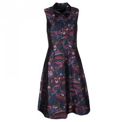 Rochas Navy Blue Printed Silk Wool Blend Sleeveless Zip Front Dress M