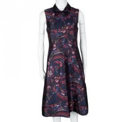 Rochas Navy Blue Printed Silk Wool Blend Sleeveless Zip Front Dress M