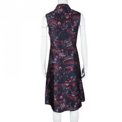 Rochas Navy Blue Printed Silk Wool Blend Sleeveless Zip Front Dress M