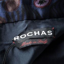 Rochas Navy Blue Printed Silk Wool Blend Sleeveless Zip Front Dress M
