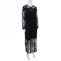 Pre Owned Rochas Black Floral Lace Long Sleeve Half Lined Maxi Dress XL