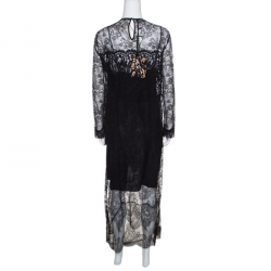 Pre Owned Rochas Black Floral Lace Long Sleeve Half Lined Maxi Dress XL