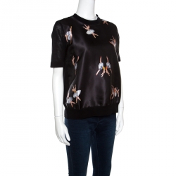 Pre Owned Rochas Black Ballerina Printed Satin and Knit Short Sleeve Top L