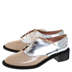 Pre Owned Rochas Nude/Metallic Silver Leather Lace Up Derby Size 38