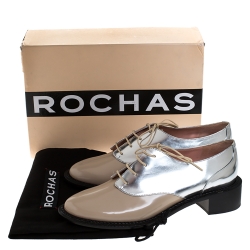 Pre Owned Rochas Nude/Metallic Silver Leather Lace Up Derby Size 38
