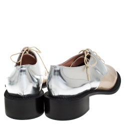 Pre Owned Rochas Nude/Metallic Silver Leather Lace Up Derby Size 38