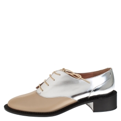 Pre Owned Rochas Nude/Metallic Silver Leather Lace Up Derby Size 38