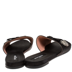 Rochas Black Satin Crystal And Bow Embellished Flat Mule Slides Size 39