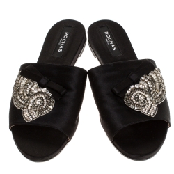 Rochas Black Satin Crystal And Bow Embellished Flat Mule Slides Size 39