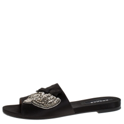 Rochas Black Satin Crystal And Bow Embellished Flat Mule Slides Size 39