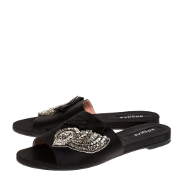 Rochas Black Satin Crystal And Bow Embellished Flat Mule Slides Size 39
